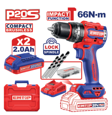 Compact Brushless Cordless Impact Drill 20V, 66Nm Torque, Metal Chuck, LED Light, 2-Speed Gear